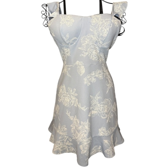 Material Girl Blue Floral Jacquard Ruffle Mini Dress Size Small - Picture 2 of 5